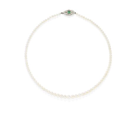 NATURAL PEARL, EMERALD AND DIAMOND NECKLACE, CIRCA 1920The single strand composed of 87 natural pearls, graduating in size to