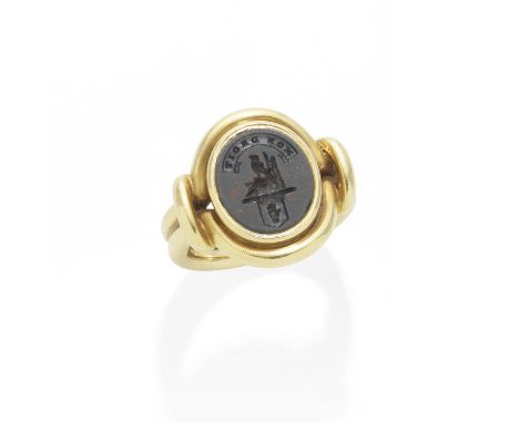 BLOODSTONE INTAGLIO SIGNET RING AND AN ENAMEL, DIAMOND AND PASTE MONOGRAM BANGLE, LATE 19TH CENTURY1st: The bloodstone intagl