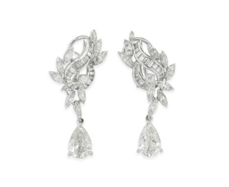 PAIR OF INTERCHANGEABLE DIAMOND AND CULTURED PEARL PENDENT EARRINGSEach surmount composed of brilliant and marquise-cut diamo