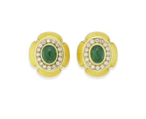 DE VROOMEN: EMERALD AND DIAMOND EARCLIPS, 2000Each emerald cabochon surrounded brilliant-cut diamonds, the quatrefoil border 