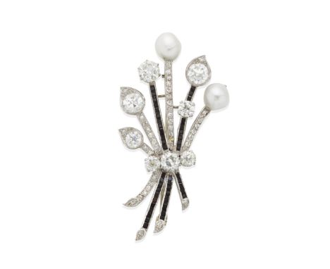 NATURAL PEARL, ONYX AND DIAMOND BROOCH, FIRST HALF OF THE 20TH CENTURYOf floral spray bouquet design, set with old brilliant-