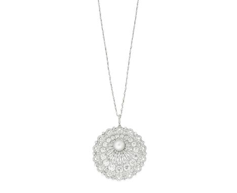 BELLE ÉPOQUE CULTURED PEARL AND DIAMOND PENDANT/NECKLACE, CIRCA 1910The circular pendant of openwork design, set with old bri