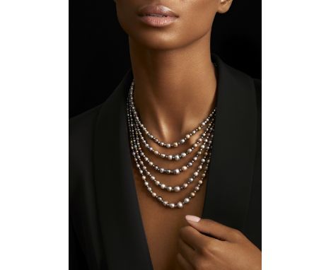FIVE-STRAND NATURAL PEARL NECKLACE WITH DIAMOND CLASPThe five strands of 301 natural pearls of various black tints, graduatin