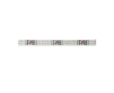 ART DECO GEM-SET AND DIAMOND BRACELET, FRENCH, CIRCA 1925The articulating links composed of pierced rows of old brilliant-cut