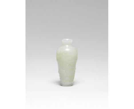 A SMALL PALE GREEN JADE VASE, MEIPING18th centuryOf slender tapering form resting on a stepped footring with slightly sunken 