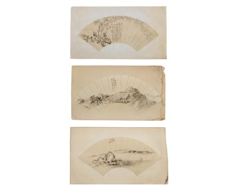 THREE FAN PAINTINGSQing DynastyInk on paper, one fan depicting a mountain landscape, inscribed and signed by the artist and s