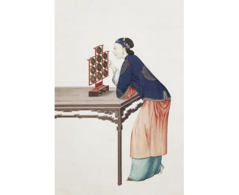 ANGLO CHINESE SCHOOL19th centuryGouache on paper, five various paintings, comprising one finely painted with a Court lady lea