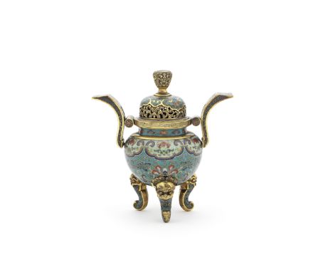 A CLOISONNÉ ENAMEL TRIPOD INCENSE BURNER AND COVER, DINGQianlongThe globular body finely enamelled around the exterior with e