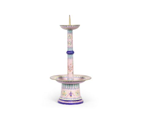 A PAINTED ENAMEL PINK-GROUND 'BAJIXIANG' PRICKET CANDLESTICKMid Qing DynastySupported on a slightly spreading base, the shall