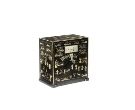 A BONE-INLAID BLACK LACQUER SEAL CHESTKangxiThe compartmented red lacquer interior containing two long and two square drawers