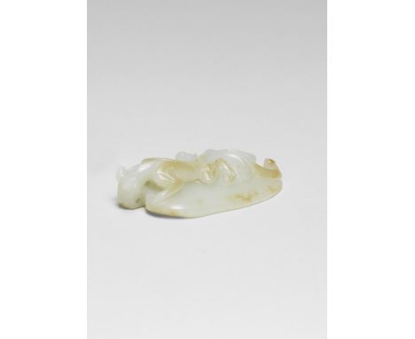 A WHITE AND RUSSET JADE 'CHILONG' PENDANT18th centuryThe shield-shaped pendant surmounted by a clambering chilong with bifurc