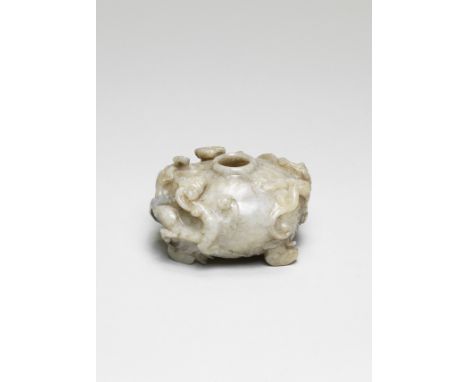 A RARE OATMEAL JADE 'CHILONG' WATERPOTMing DynastyFinely carved from an irregular pebble, with three sinuous chilong crawling