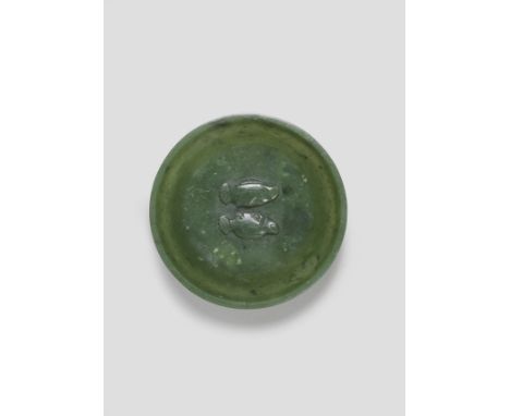 A FINE SPINACH-GREEN JADE 'DOUBLE FISH' MINIATURE MARRIAGE BOWLQianlongThe shallow bowl smoothly polished and rising to a sli