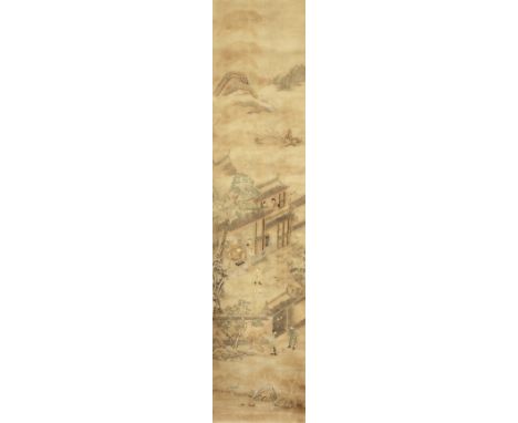 ANONYMOUSMid Qing DynastySilk embroidery and pigments on silk, colourfully decorated with an open compound a scholar in an op