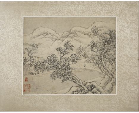 Two sets of paintingsQing DynastyThe first set comprising two paintings, each depicting in ink with some pigment a wintry lan