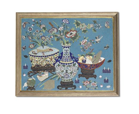 A LARGE CLOISONNÉ ENAMEL 'HUNDRED ANTIQUES' RECTANGULAR PANELJiaqing/DaoguangFinely decorated with the very auspicious design