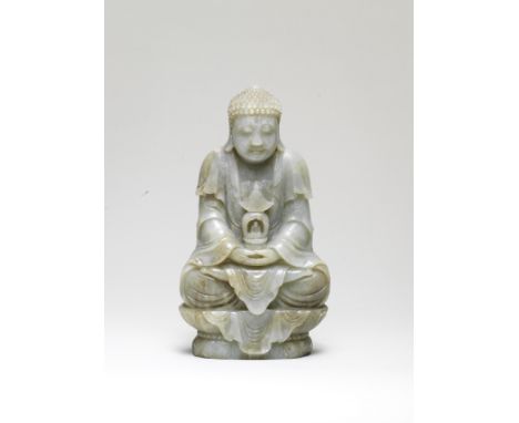 A VERY RARE IMPERIAL PALE GREEN JADE FIGURE OF BUDDHA17th/18th century Seated in dhyanasana, with both hands in a meditationa