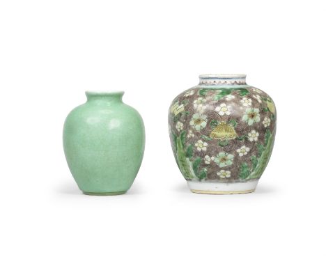 AN APPLE-GREEN-GLAZED JARKangxiOf oviform, the exterior covered in a soft apple-green glaze with a light matrix of crackle, t