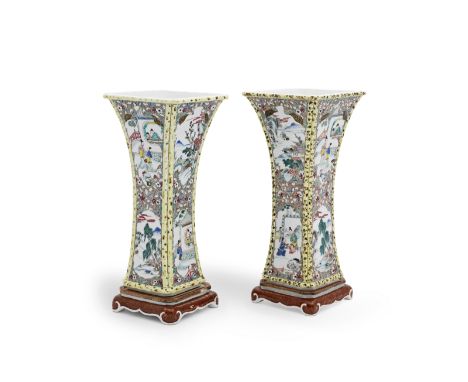 A RARE PAIR OF LARGE FAMILLE ROSE 'ROMANCE OF THE WESTERN CHAMBER' VASES AND STANDS, GUYongzhengEach of square waisted sectio