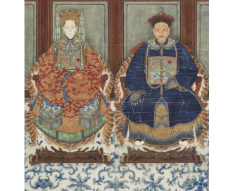 AN ANCESTOR PORTRAIT OF AN OFFICIAL AND LADY19th centuryInk and pigment on paper, depicting an official in blue robe with squ
