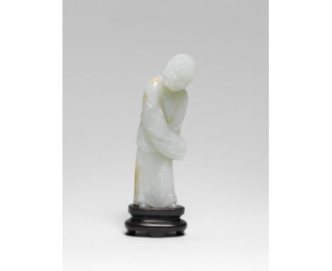 A PALE GREEN JADE CARVING OF A LUOHAN17th centuryThe Buddhist figure finely carved slightly swaying, clad in long flowing rob