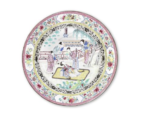 A RARE AND LARGE PAINTED ENAMEL 'LOTUS DRINKER' DISHYongzhengThe dish supported on a waisted foot, with shallow rounded sides