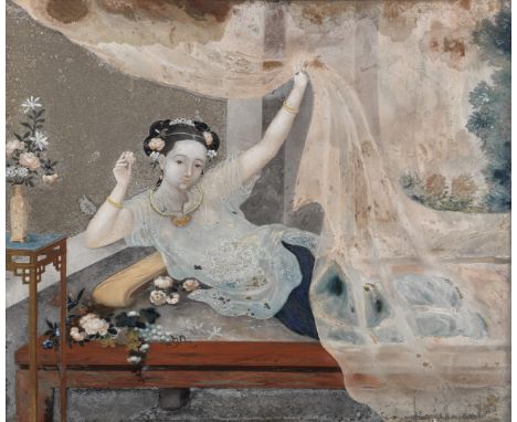 AN 'EROTIC' REVERSE-GLASS MIRROR PAINTING OF A LADY18th century Depicting an elegant lady reclining on a bed, wearing fine se