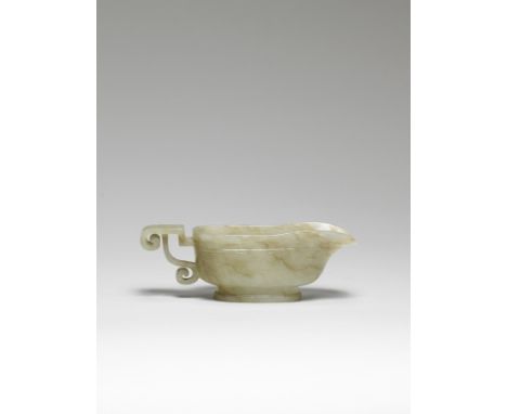 AN ARCHAISTIC PALE GREEN AND RUSSET JADE POURING VESSEL, YIMing Dynasty The vessel with a rounded body of oval section over a