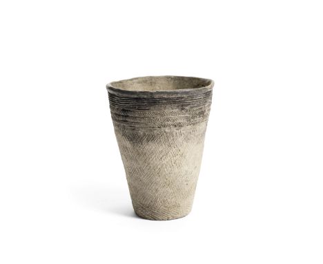 A RARE GREY POTTERY BASKET-SHAPED VESSELNeolithic PeriodPotted with straight tapering sides rising to a wide mouth, incised a