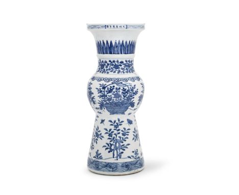 A RARE AND LARGE BLUE AND WHITE BEAKER VASE, GUWanli six-character mark and of the periodBoldly painted to the bulbous mid se