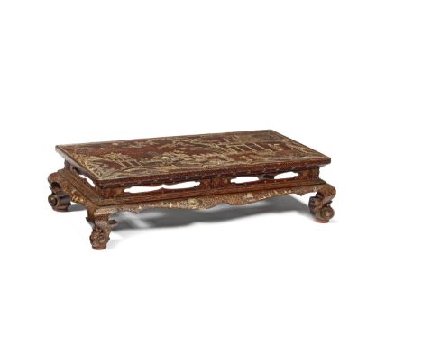 A LARGE MOTHER-OF-PEARL-INLAID LACQUER LOW TABLE, KANGMid/Late Ming DynastyThe rectangular table with a flat top and a recess