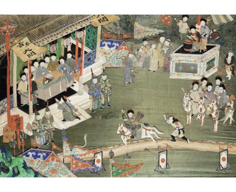 A LARGE EMBROIDERY WITH APPLIQUÉ DECORATIONLate Qing DynastyExquisitely embroidered depicting a hunting competition, a figure