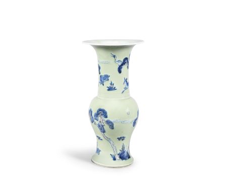 A CELADON-GLAZED BLUE AND COPPER-RED 'EIGHT HORSES OF MU WANG' YEN YEN VASEKangxi The baluster body sweeping to a wide flarin