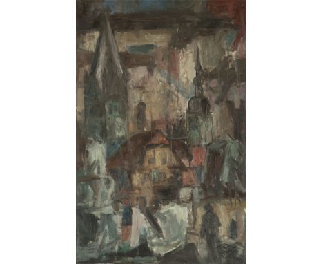 Eberhard Viegener (1890 Soest - 1967 Bilme) (F)Stadtansicht von Soest, Öl auf Hartfaserplatte, 63 cm x 42 cm Werkmaß, verso s