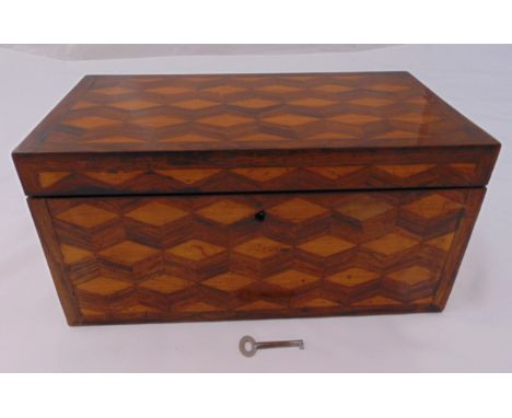 An early 19th century mahogany and satinwood rectangular tea caddy the hinged cover revealing fitted interior with detachable