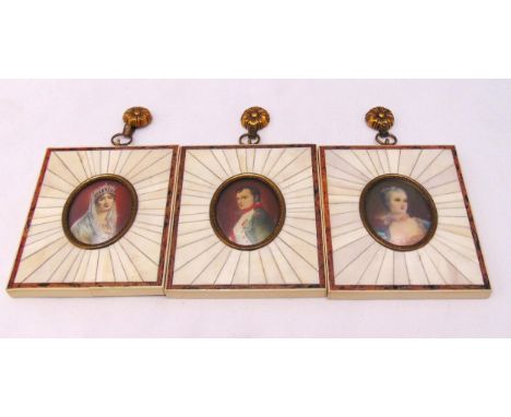 Three framed portrait miniatures of Napoleon, Josephine and Marquis de Pompadour