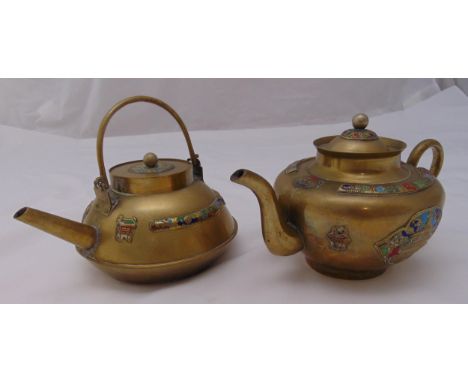 Two oriental brass teapots with applied enamel decoration, tallest 12cm (h)