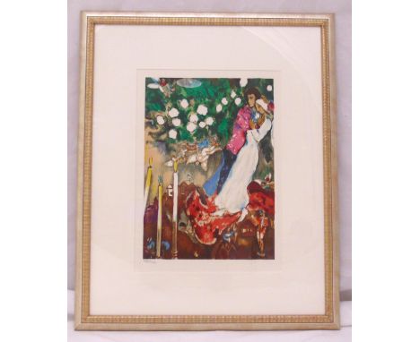 Marc Chagall framed and glazed polychromatic print limited edition lithograph of a recently married couple, blind stamped and