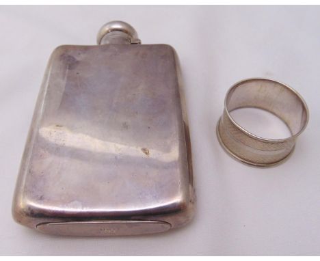 A hallmarked silver hip flask and a hallmarked silver napkin ring, approx total weight 195g