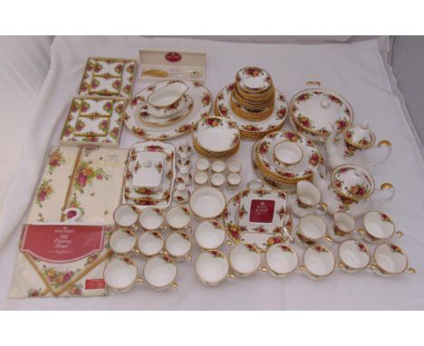 Royal Albert Old Country Roses dinner and teaset for six place settings to include plates, bowls, cups, saucers, serving dish