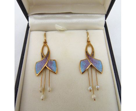 A pair of 9ct gold, enamel and seed pearl earrings