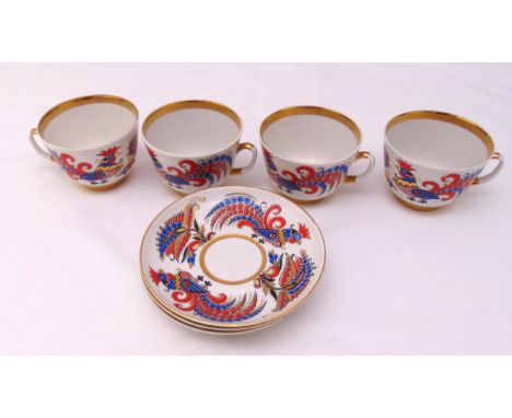 Four Lomonosov Russian gilt and painted porcelain cups and saucers decorated with cockerels, marks to bases