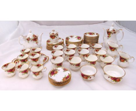 Royal Albert Old Country Roses tea and coffee service to include a teapot, coffee pot, milk jug, cream jug, cake plate, sugar