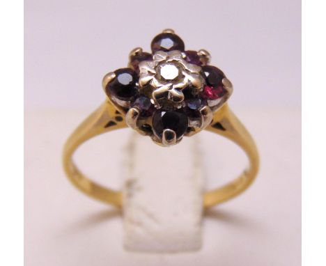 18ct yellow gold diamond and ruby cluster ring, approx total weight 3.1g