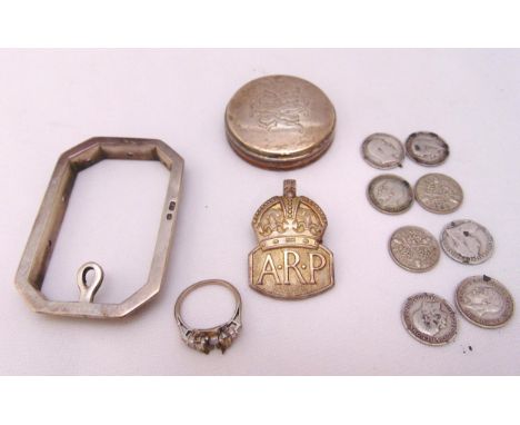 Silver ARP badge, and quantity of pre 1937 threepences, a white metal ring a/f  (12)