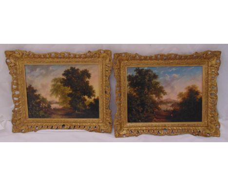 R Woodley Brown a pair of framed oils on canvas of figures within landscapes, details to verso, each 30 x 39cm