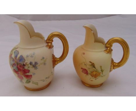 Royal Worcester Blush Ivory jugs decorated with flowers and gilded handles tallest 13.5cm (h)