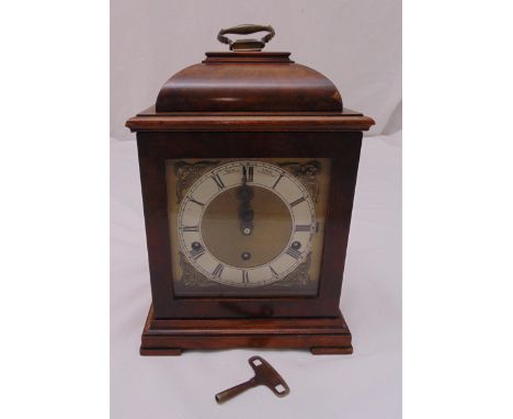 Mappin and Webb walnut and mahogany bracket clock, 18th century style with silvered chapter ring, Roman numerals, three train