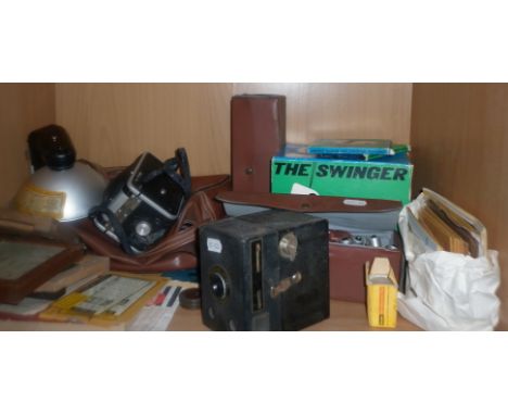 Cameras and accessories including The Swinger Polaroid camera in original box