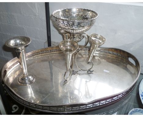19th c. silver plated epergne centre piece, a galleried Butler's tray and a vase